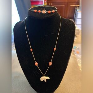 Liquid Silver Native American Fetish Bear Pink Beads Necklace 16” & Bracelet 7”